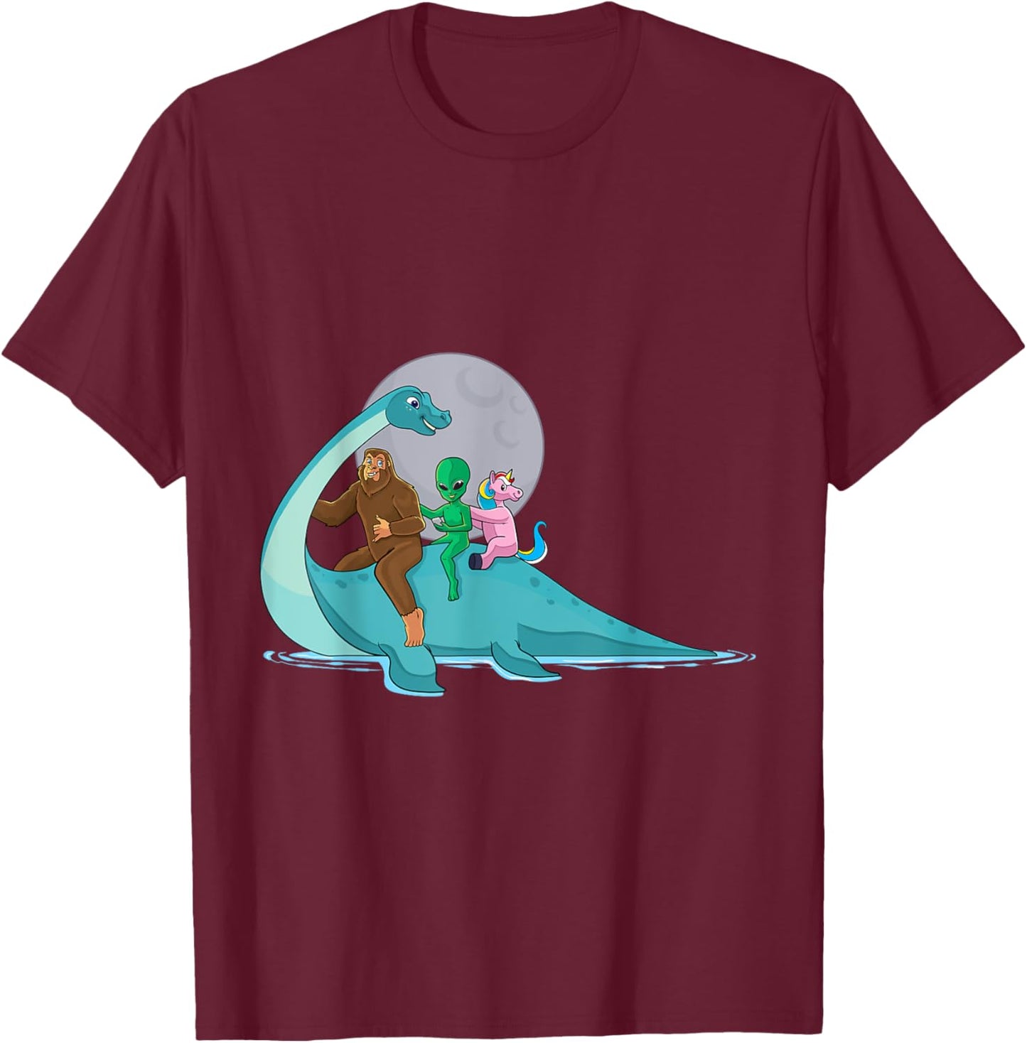 Alien Bigfoot Unicorn Riding Loch Ness Monster Cryptozoology T-Shirt - T-Shirt | Maroon