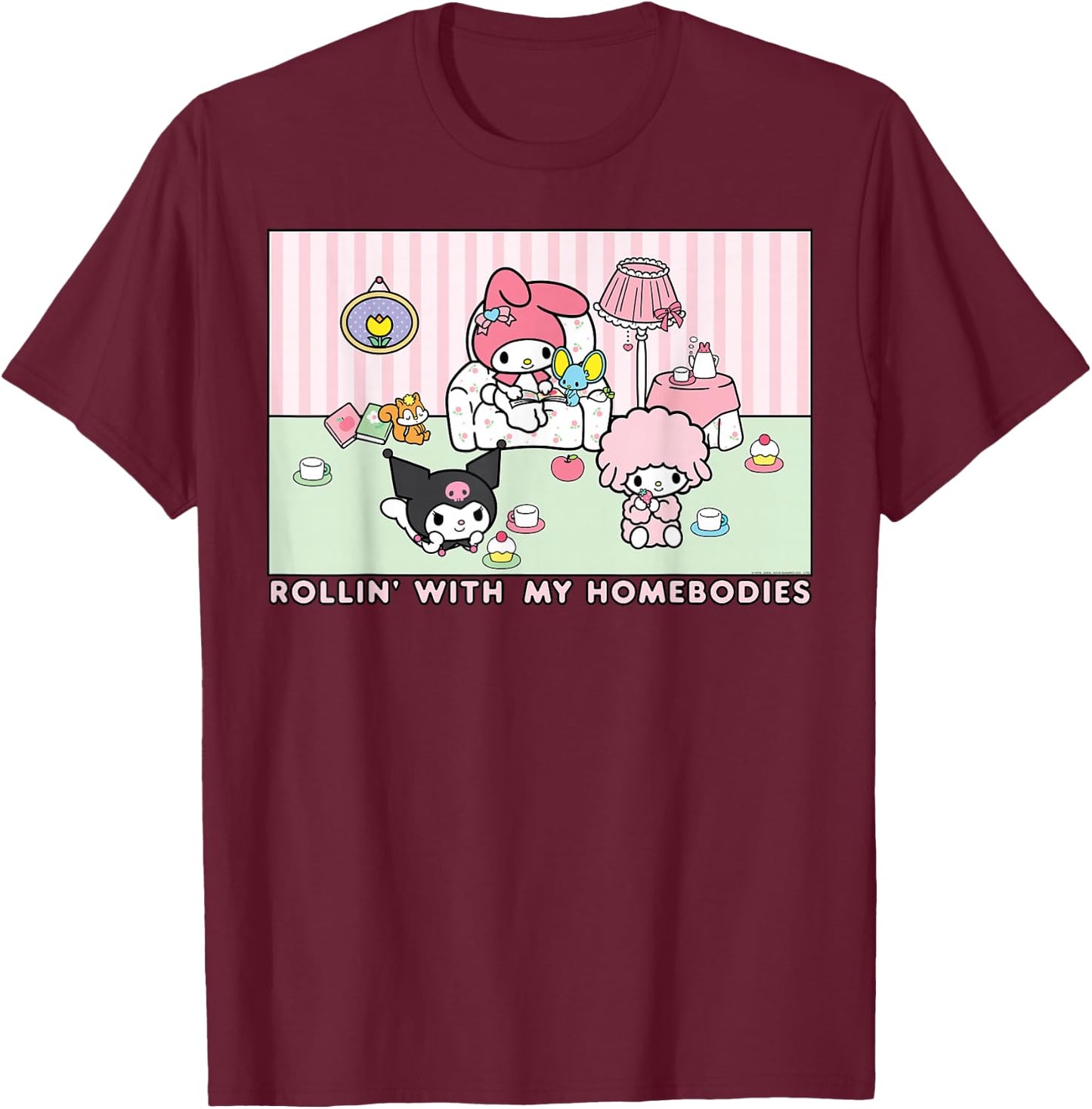 My Melody and Kuromi Rollin with My Homebodies Small T-Shirt - T-Shirt | Maroon