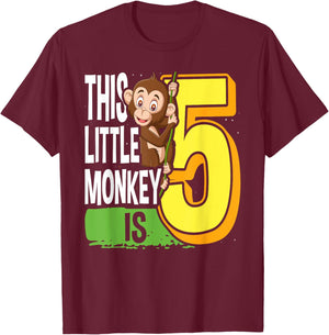 This Little Monkey Is 5 Years Old Kid 5th Birthday Monkeys T-Shirt - T-Shirt | Maroon
