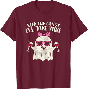 Keep Candy Ill Take Wine Ghost Funny Halloween Drinkin Women T-Shirt - T-Shirt | Maroon