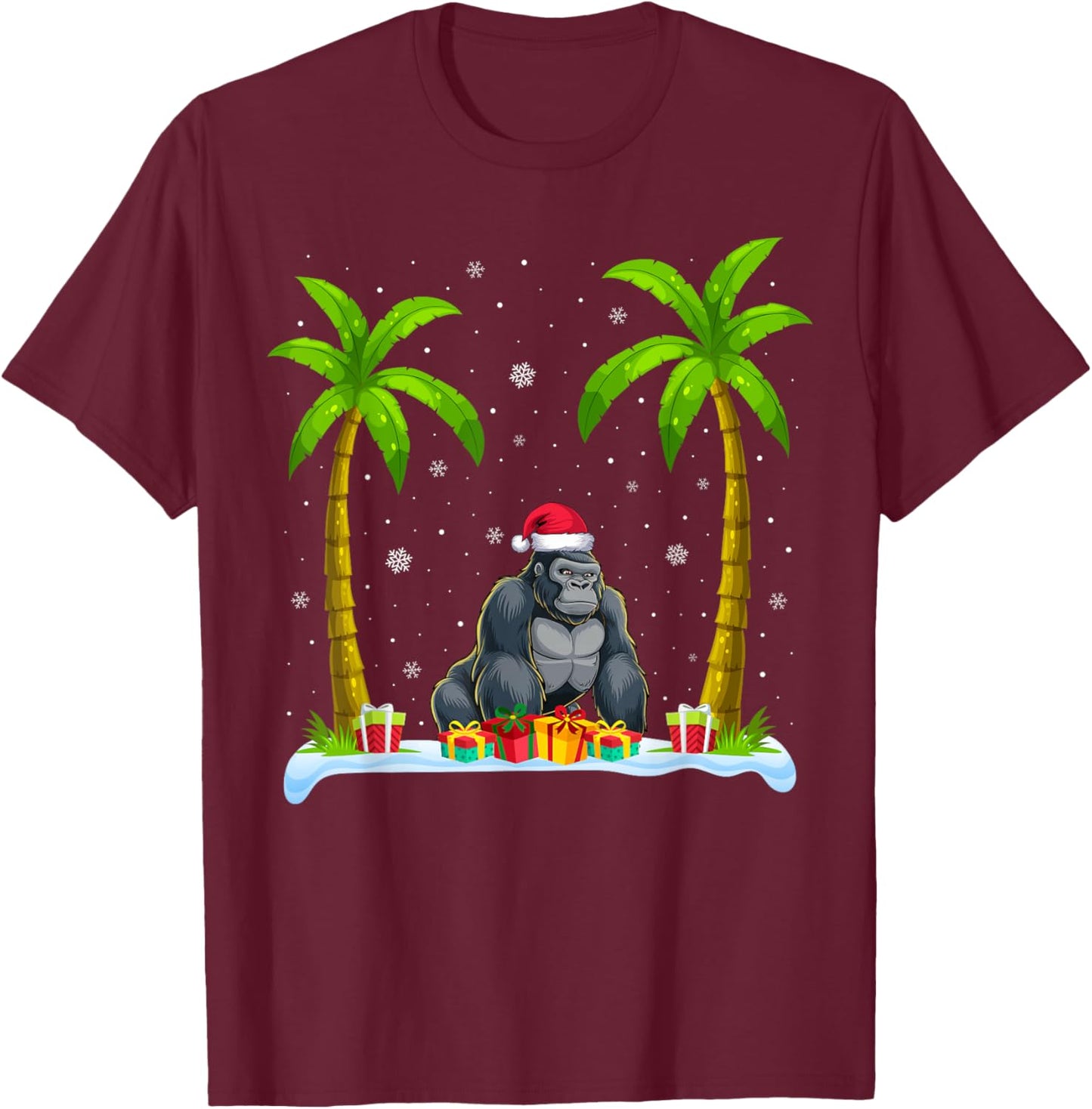 Gorilla Santa Hat Palm Tree Beach Xmas Pajama T-Shirt - T-Shirt | Maroon