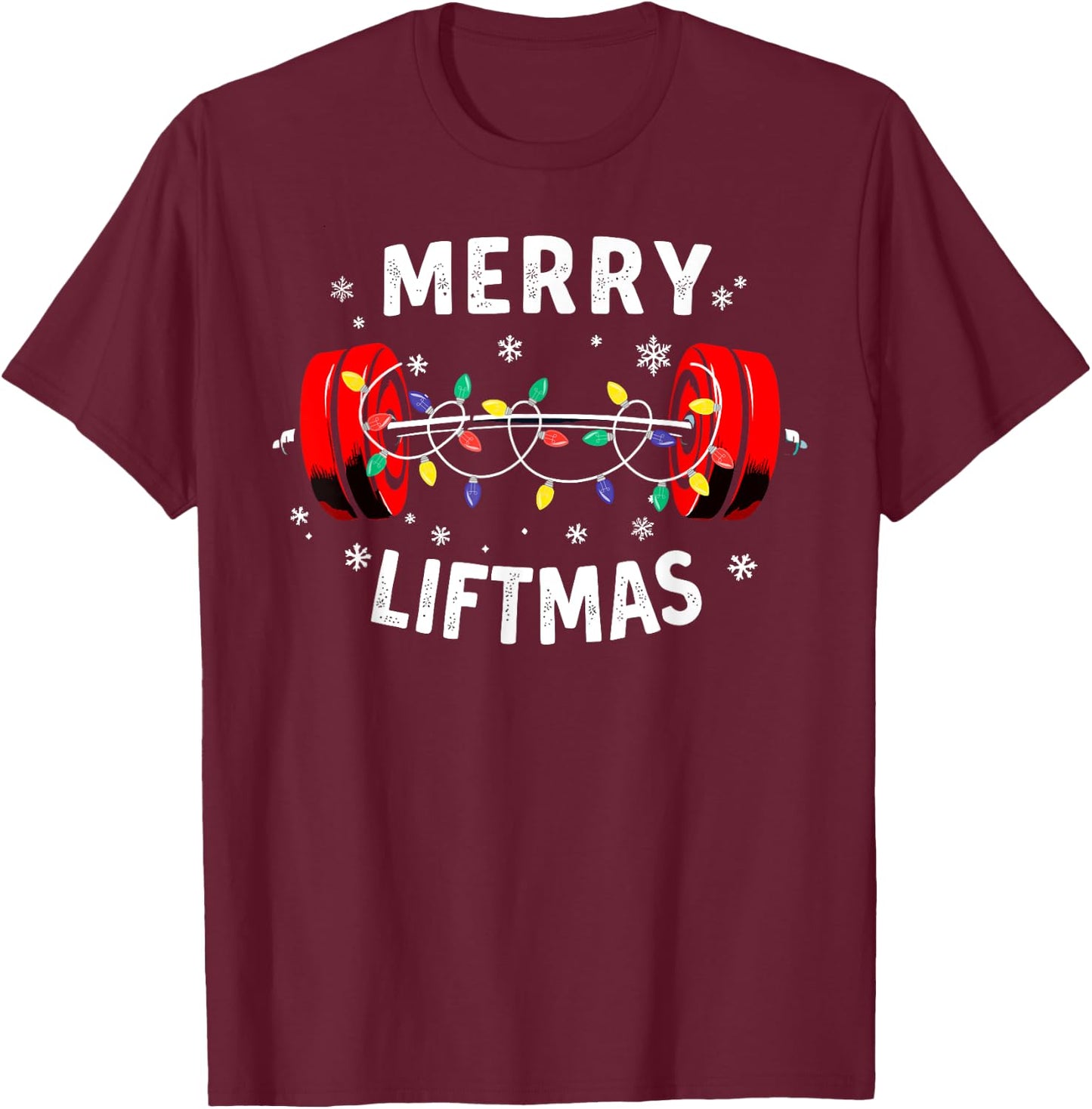 Merry Liftmas Barbell Christmas Tree Lights Weightlifting T-Shirt - T-Shirt | Maroon