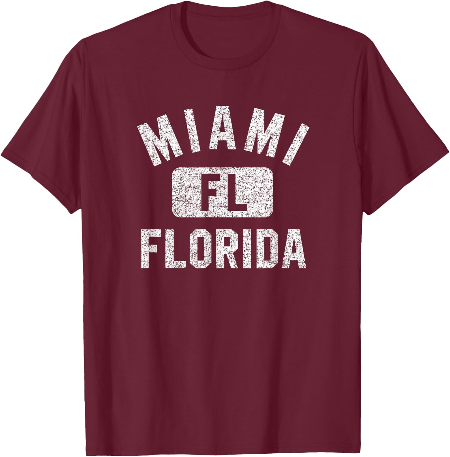 Miami Florida FL Gym Style Distressed White Print T-Shirt - T-Shirt | Maroon