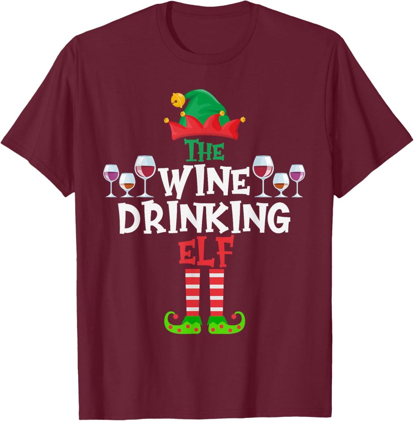 The Wine Drinking Elf, Funny Matching Family Group Christmas T-Shirt - T-Shirt | Maroon