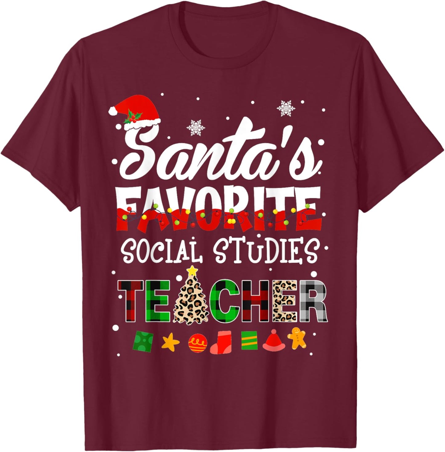 Santa Favorite Social Studies Teacher Christmas Matching T-Shirt - T-Shirt | Maroon