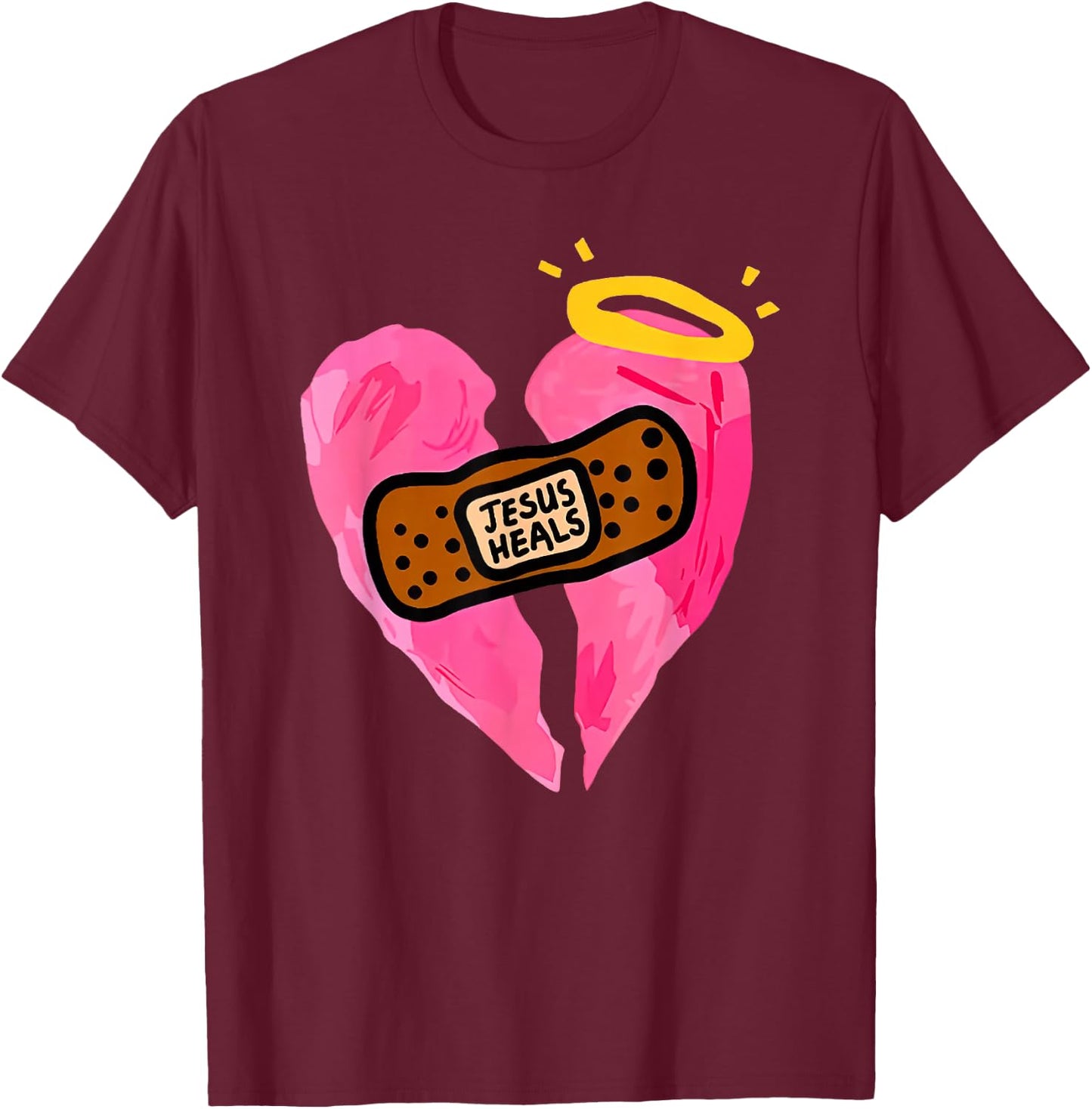 Jesus Heals Broken Heart Print Bandages Bandaids T-Shirt - T-Shirt | Maroon