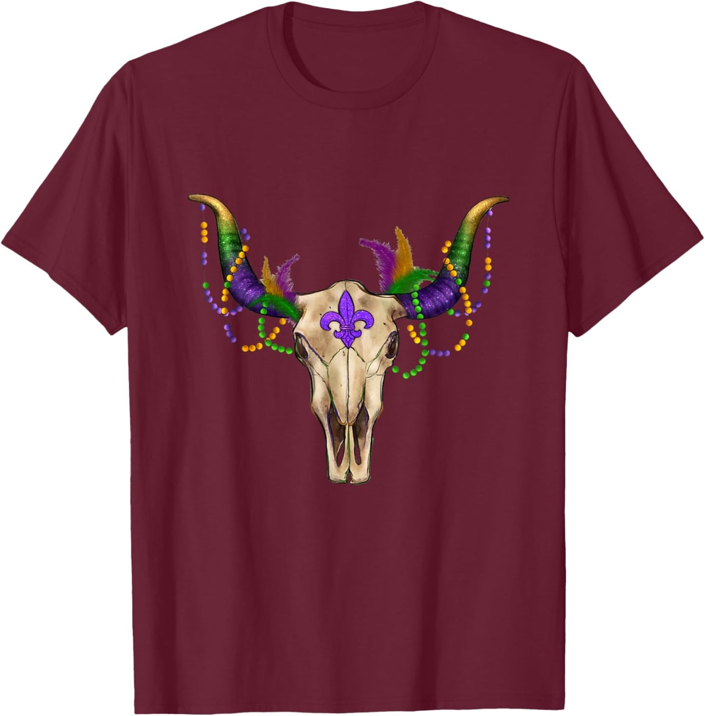 Mardi Gras Cow Bull Skull Mardi Gras Farm Animal Cow Lover T-Shirt - T-Shirt | Maroon
