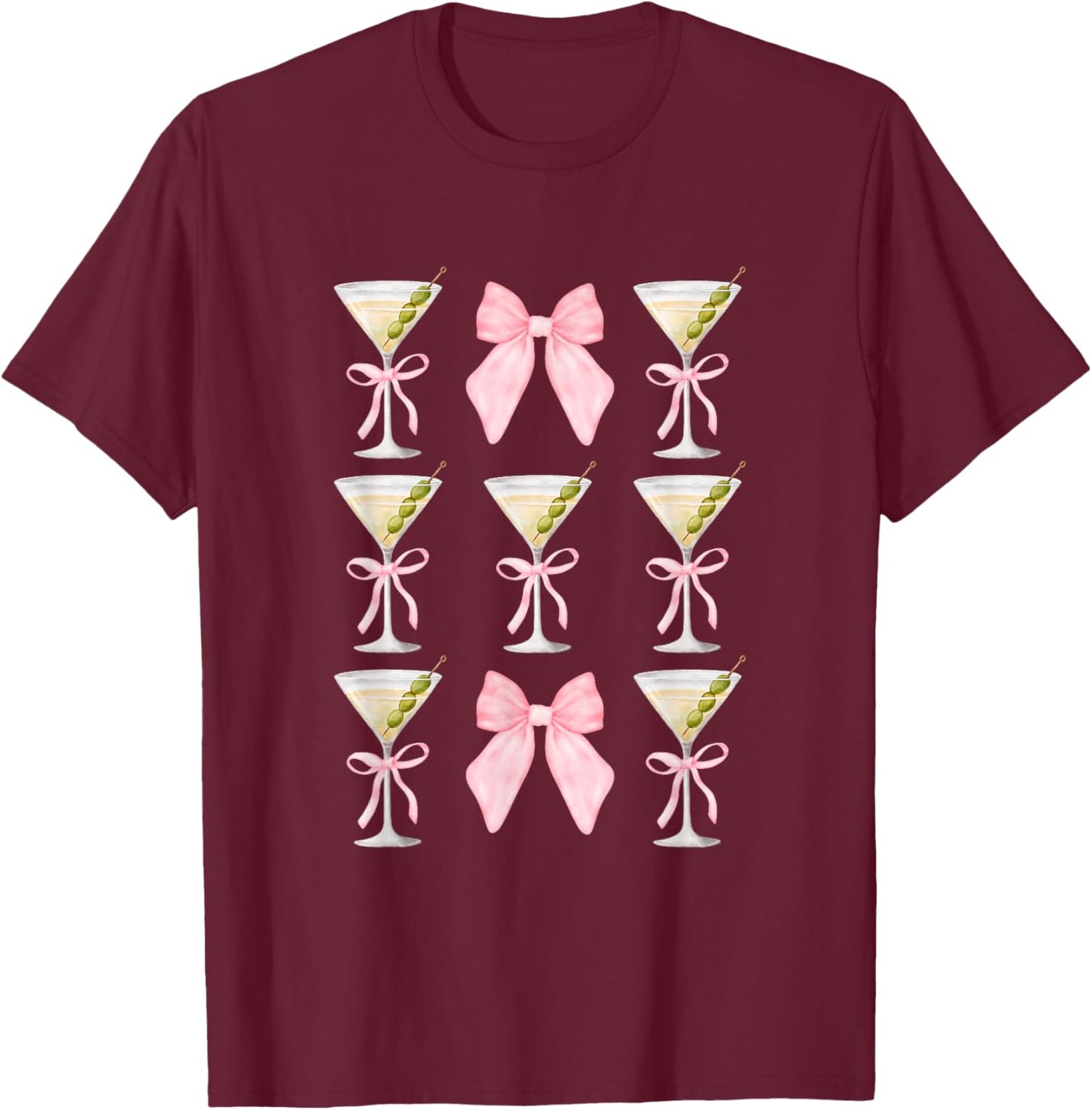 Coquette Pink Bow Martini Time Drinking Vintage Cocktails T-Shirt - T-Shirt | Maroon