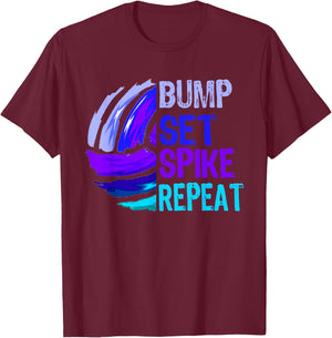Girls Volleyball Bump Set Spike Repeat Blue/Purple T-Shirt - T-Shirt | Maroon