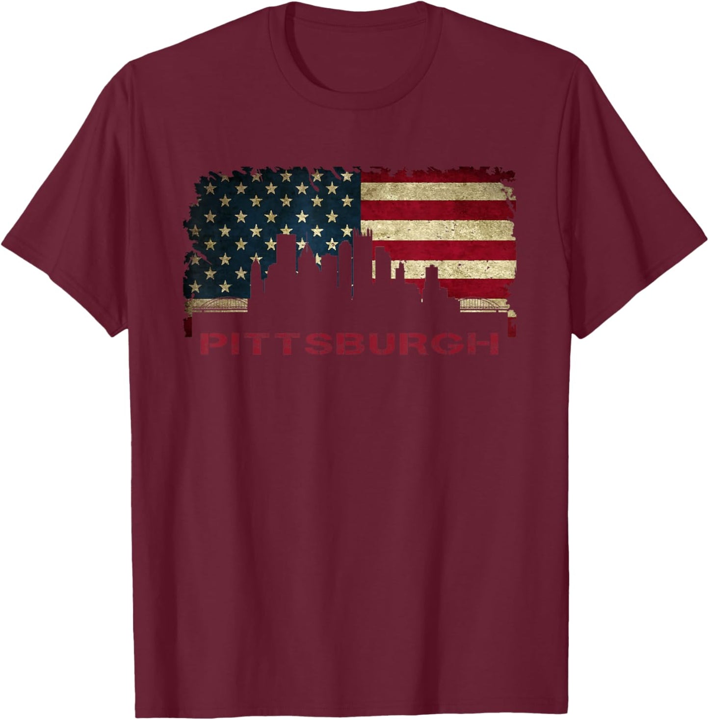 Pittsburgh City Skyline Art USA Flag Steel City American T-Shirt - T-Shirt | Maroon