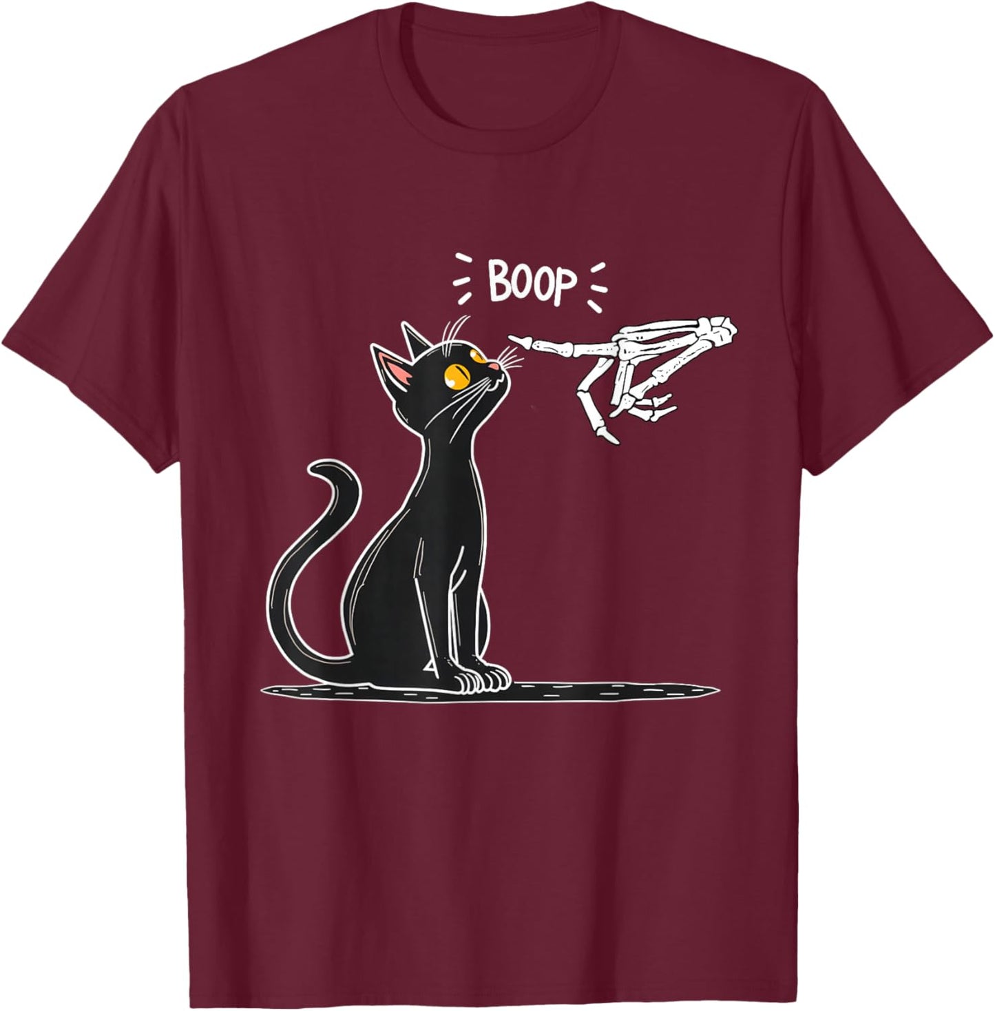Black Cat Skeleton Hand Boop Halloween T-Shirt - T-Shirt | Maroon