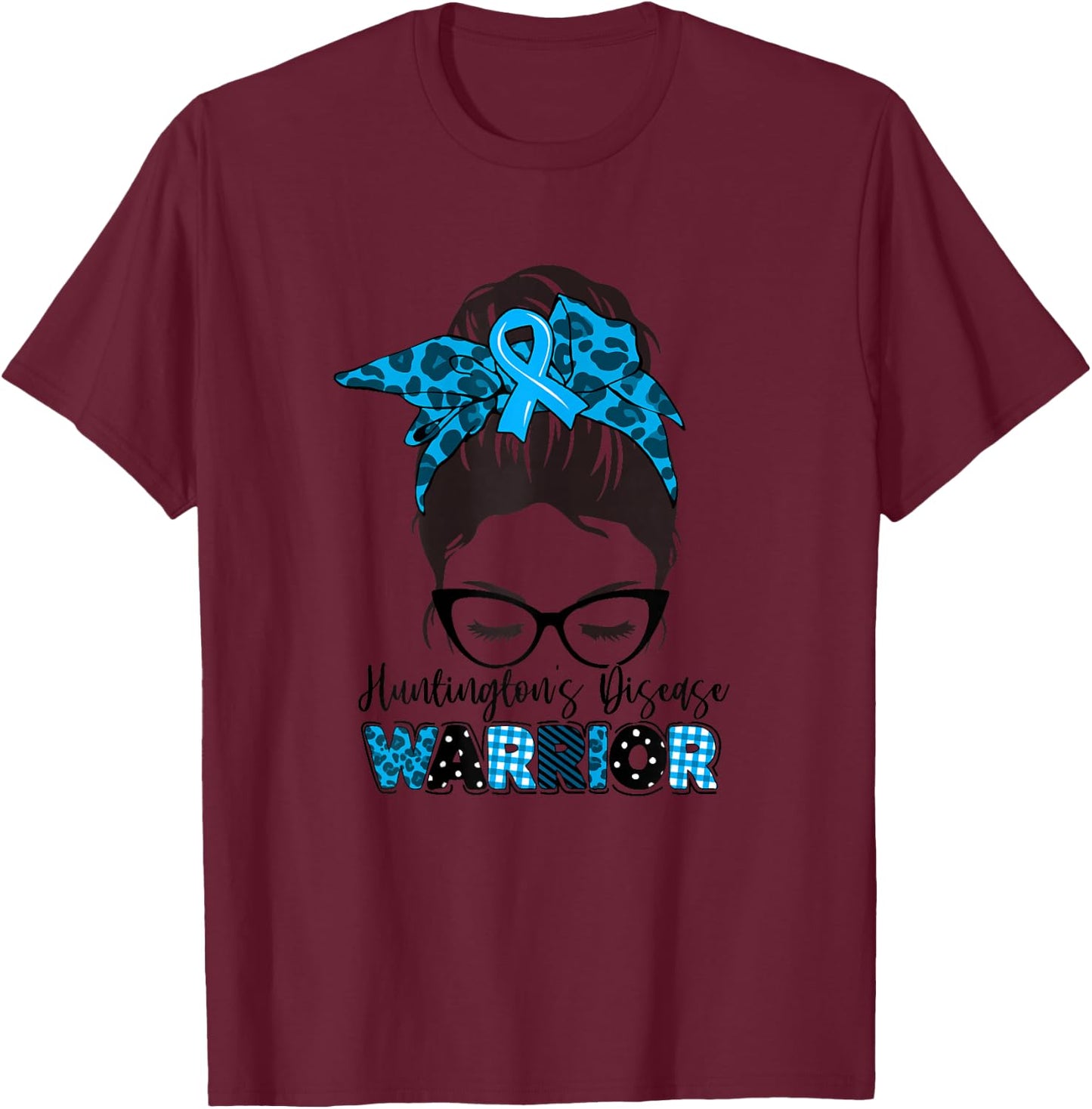 Tu Messy Bun Blue Ribbon Huntington's Disease Awareness T-Shirt - T-Shirt | Maroon