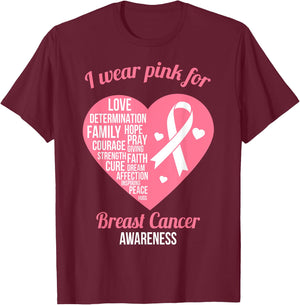 I Wear Pink Ribbon Heart Cool Breast Cancer Awareness Gift T-Shirt - T-Shirt | Maroon