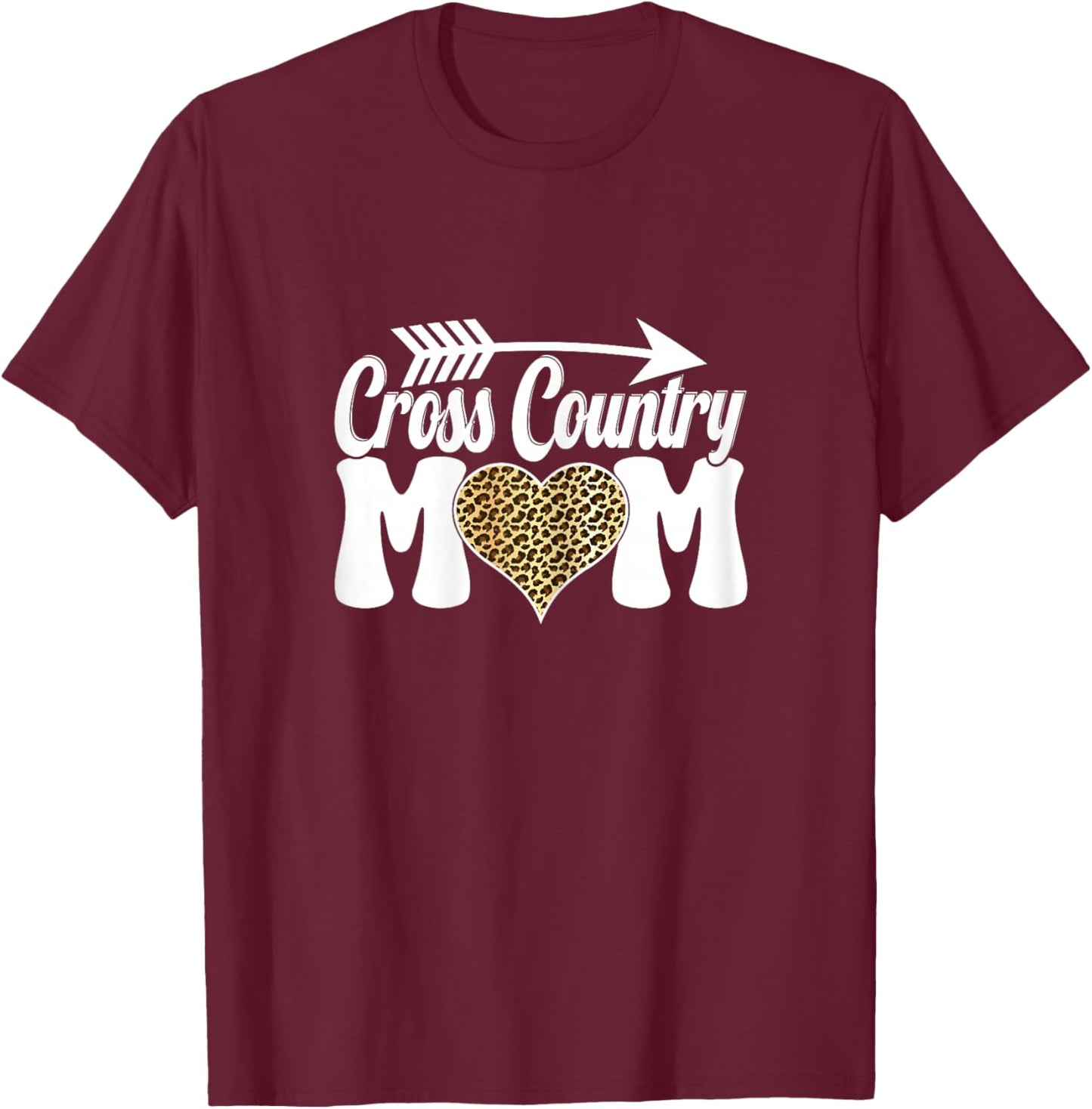 Cross Country Mom Cute Running Heart Leopard Print XC Runner T-Shirt - T-Shirt | Maroon