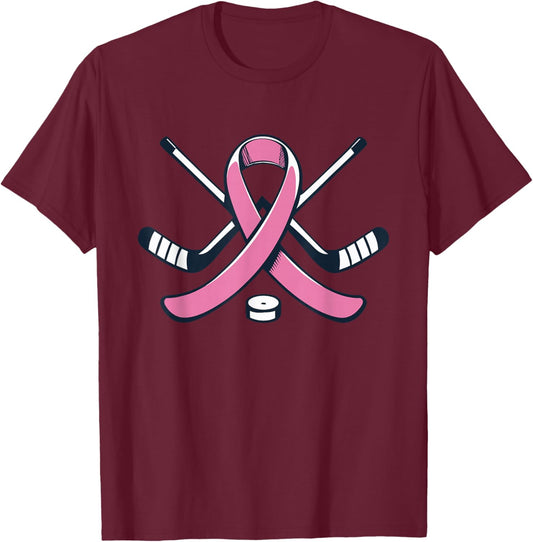 Ice Hockey Pink Ribbon Breast Cancer Awareness Sport Lover T-Shirt - T-Shirt | Maroon