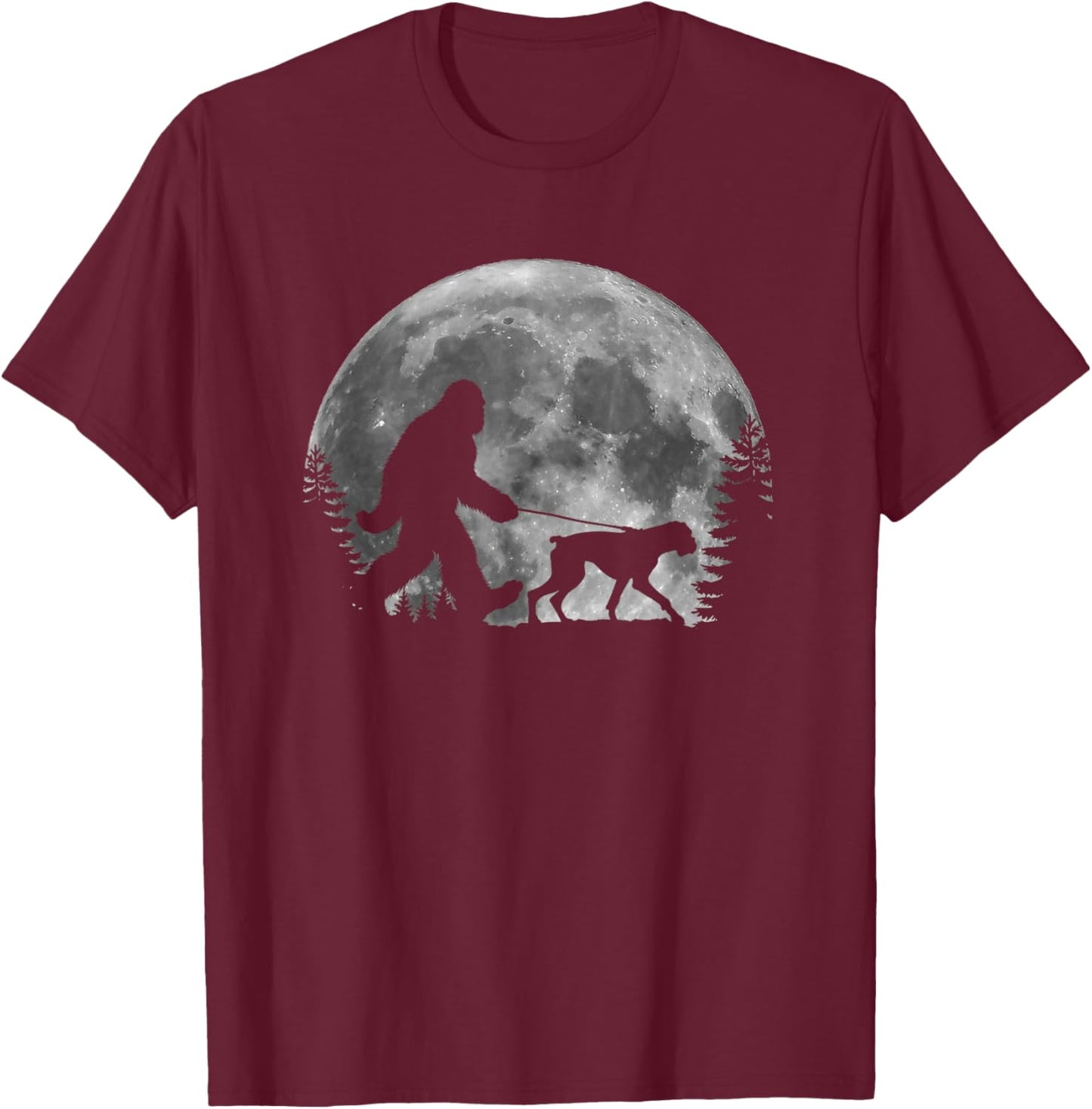 Bigfoot Walking a Dog Funny Boxer Lovers Moon Halloween T-Shirt - T-Shirt | Maroon