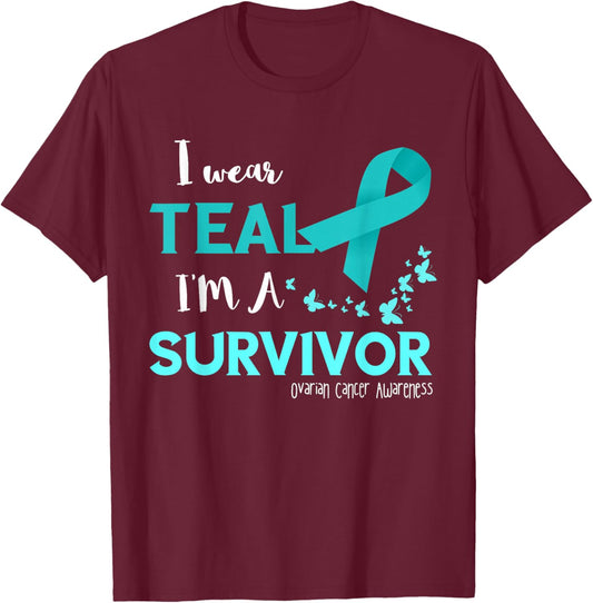 Ovarian Cancer Awareness Survivor Ribbon Ovarian Cancer T-Shirt - T-Shirt | Maroon