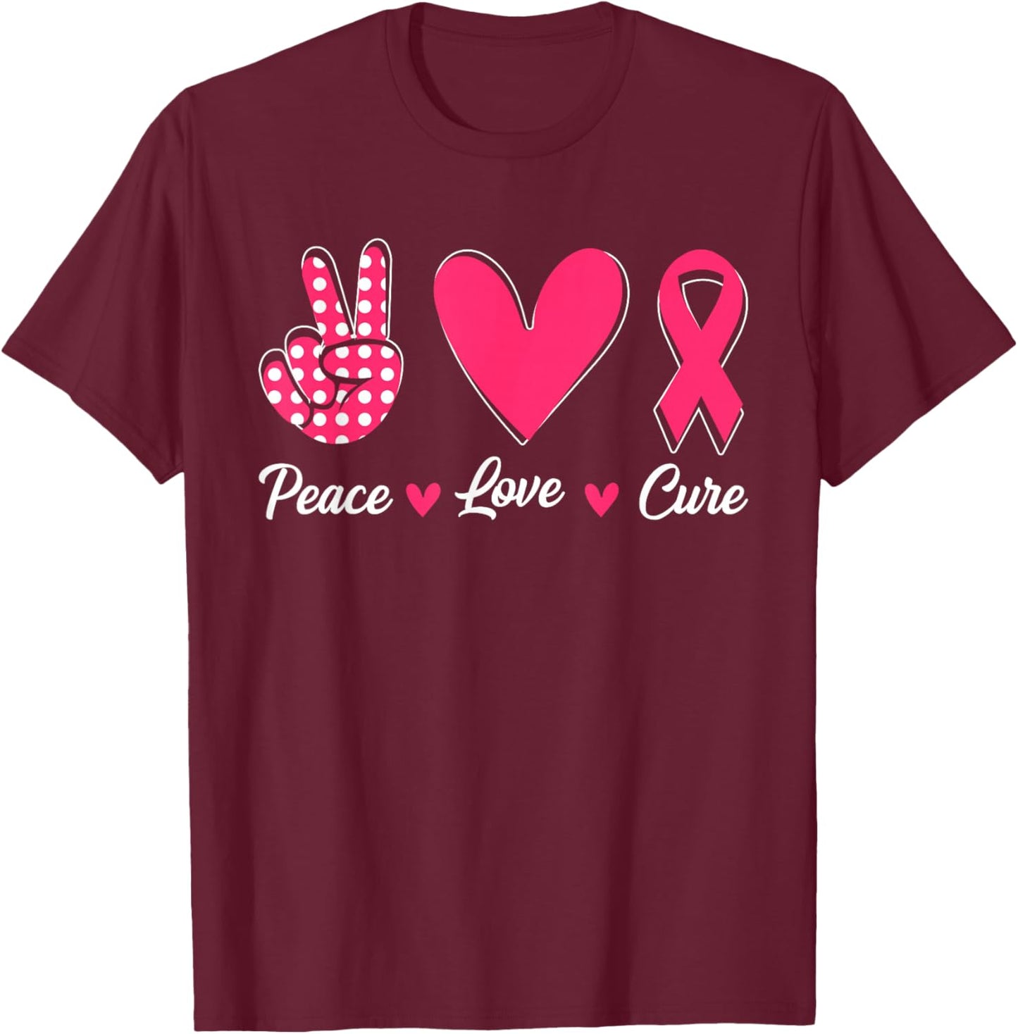 Peace Love Cure Heart Pink Ribbon Breast Cancer Awareness T-Shirt - T-Shirt | Maroon