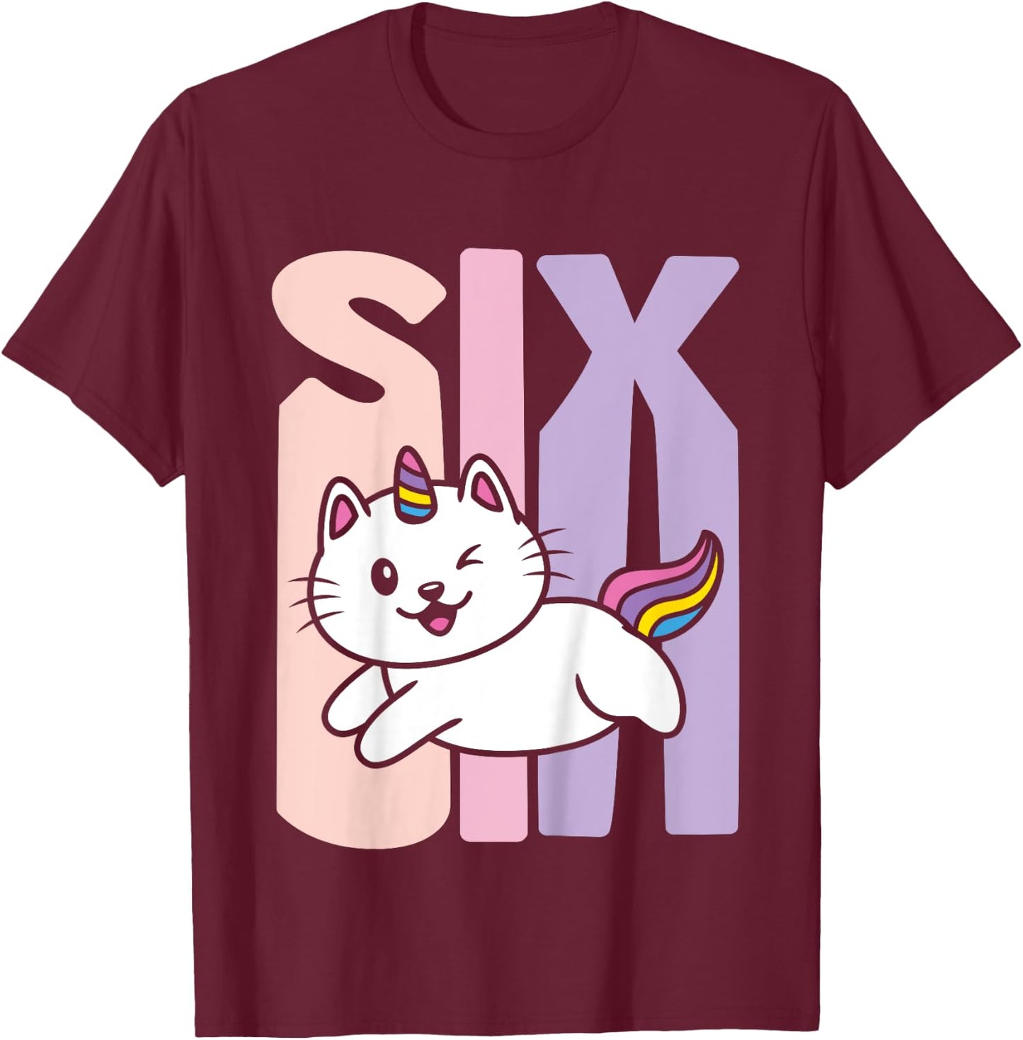 Kids 6 Year Old Cute Caticorn Cat Unicorn Birthday Girl B-day T-Shirt - T-Shirt | Maroon