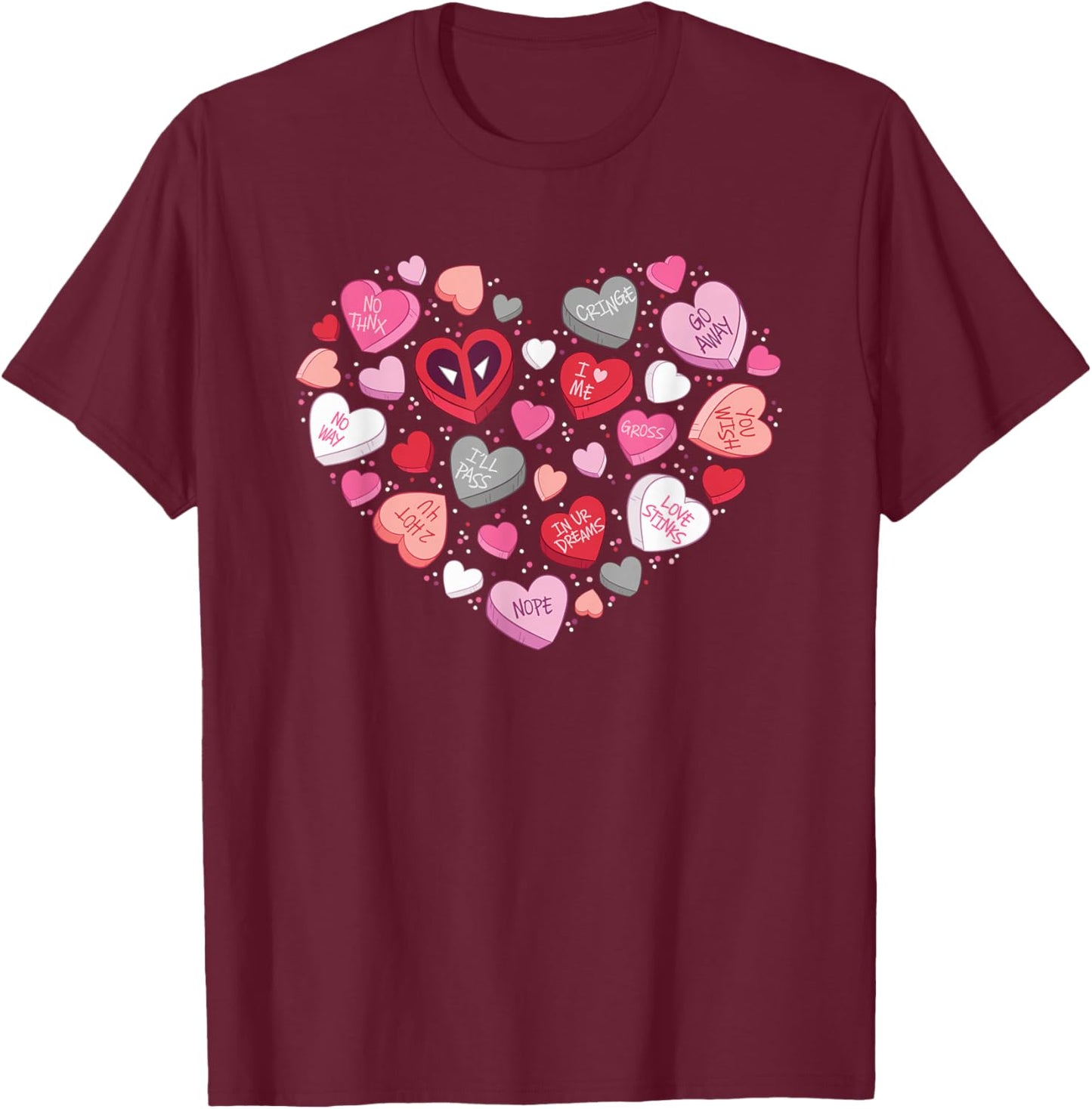 Marvel Valentine’s Day Deadpool Anti-Love Candy Hearts T-Shirt - T-Shirt | Maroon