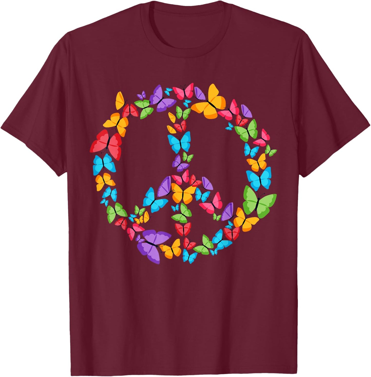Retro Peace Love | Love 60's 70's Hippie Butterflies T-Shirt - T-Shirt | Maroon
