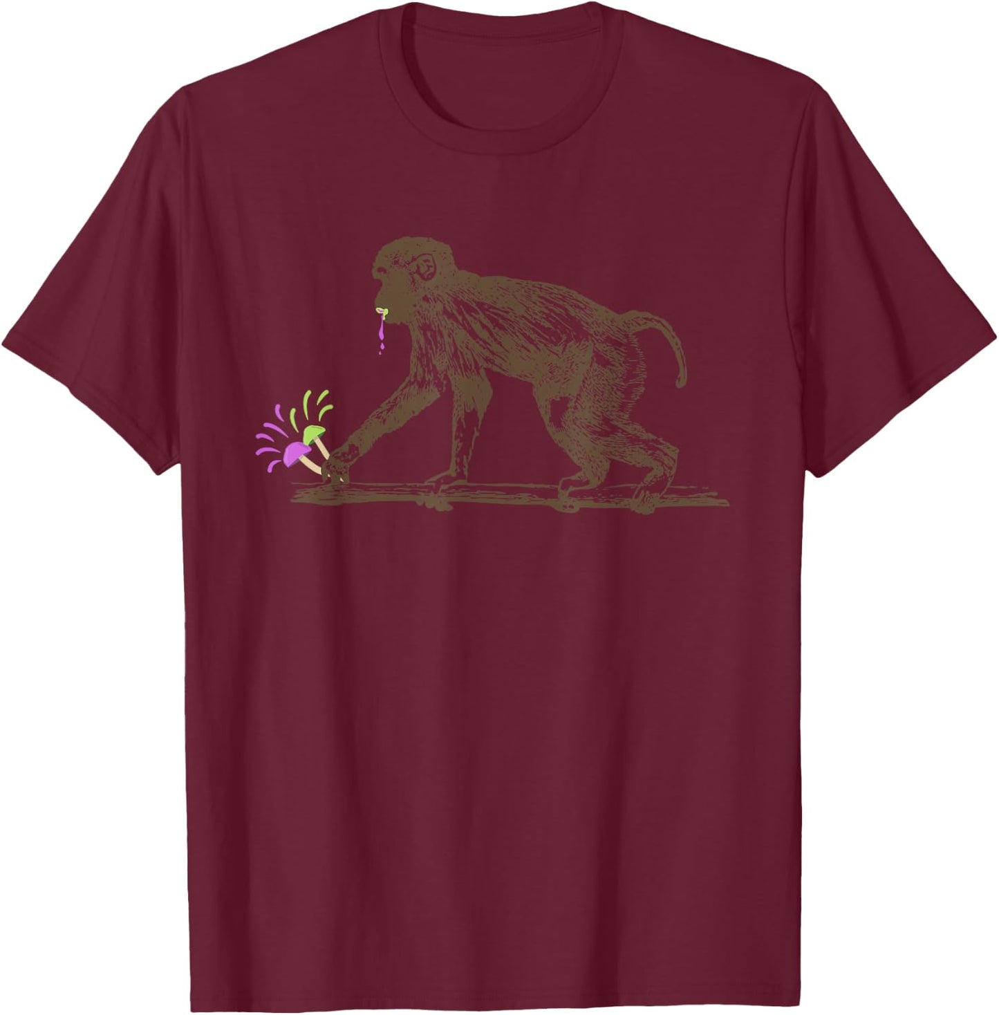 Stoned Ape Theory Magic Mushrooms Eating Monkey T-Shirt - T-Shirt | Maroon