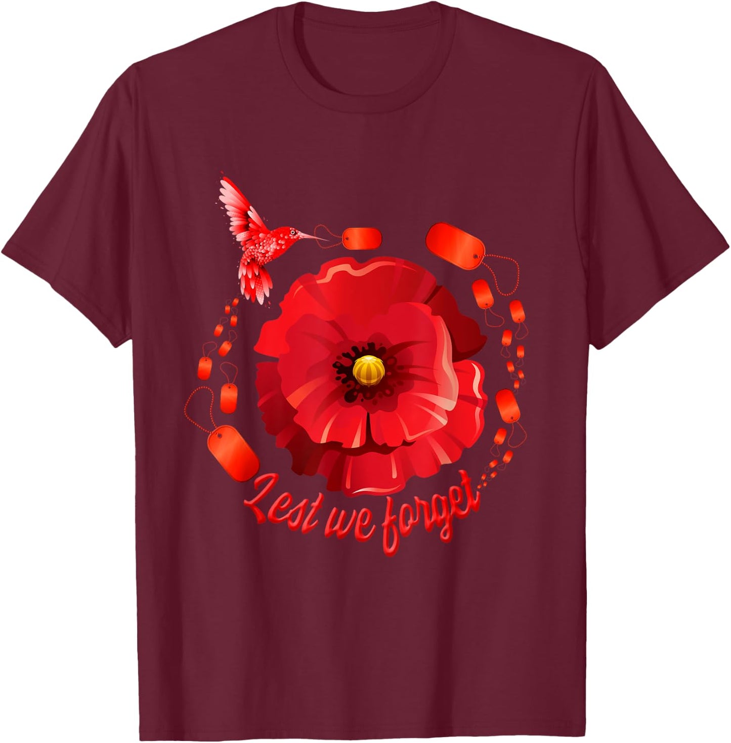 Veterans Day Lest We Forget Red Poppy Flower USA Memorial T-Shirt - T-Shirt | Maroon