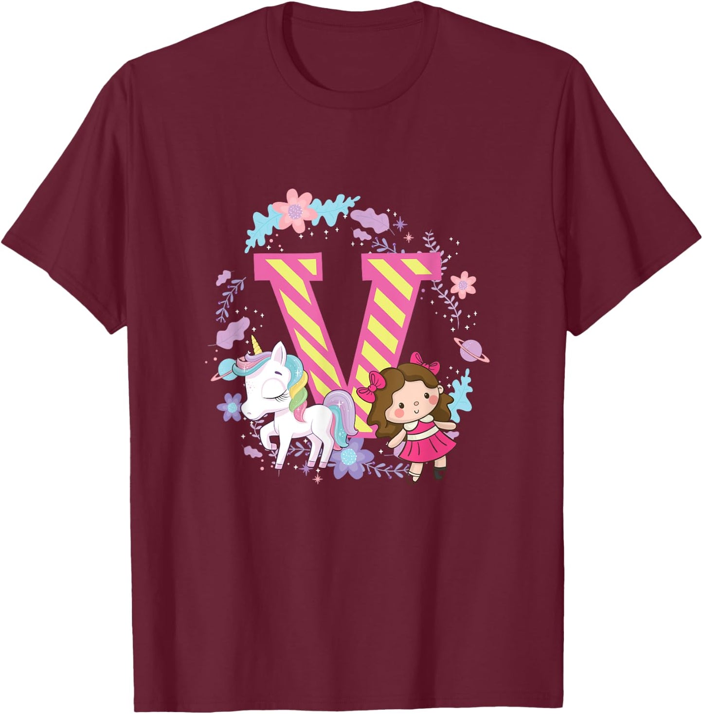 Letter V Sign Alphabet Last Name Consonants Unicorn Gift T-Shirt - T-Shirt | Maroon