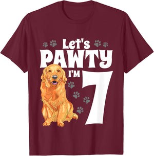 7 Year Old Golden Retriever Dog Birthday Pawty Dogs 7th Gift T-Shirt - T-Shirt | Maroon