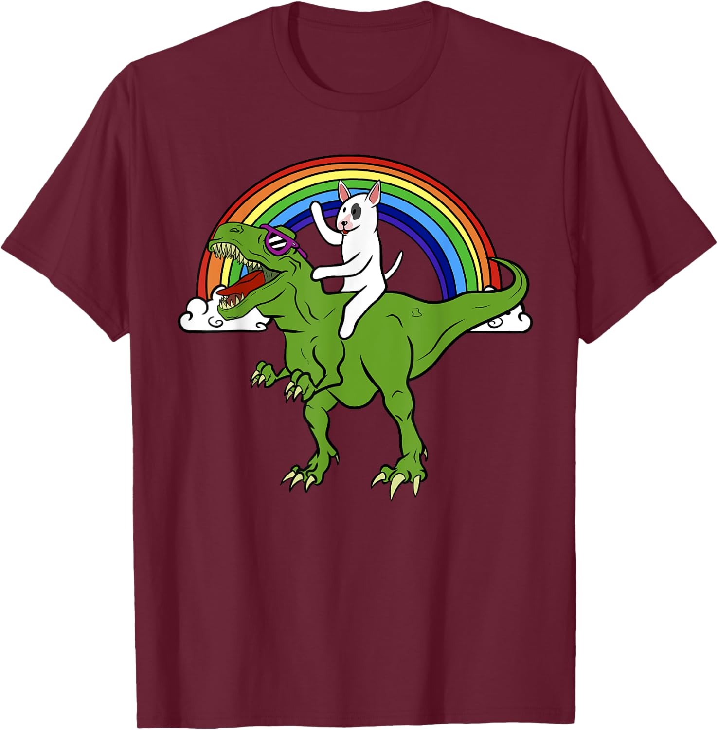 Bull Terrier Riding T Rex Dinosaur Funny Dog Gift Women Girls Kids T-Shirt - T-Shirt | Maroon