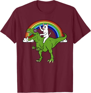 Bull Terrier Riding T Rex Dinosaur Funny Dog Gift Women Girls Kids T-Shirt - T-Shirt | Maroon