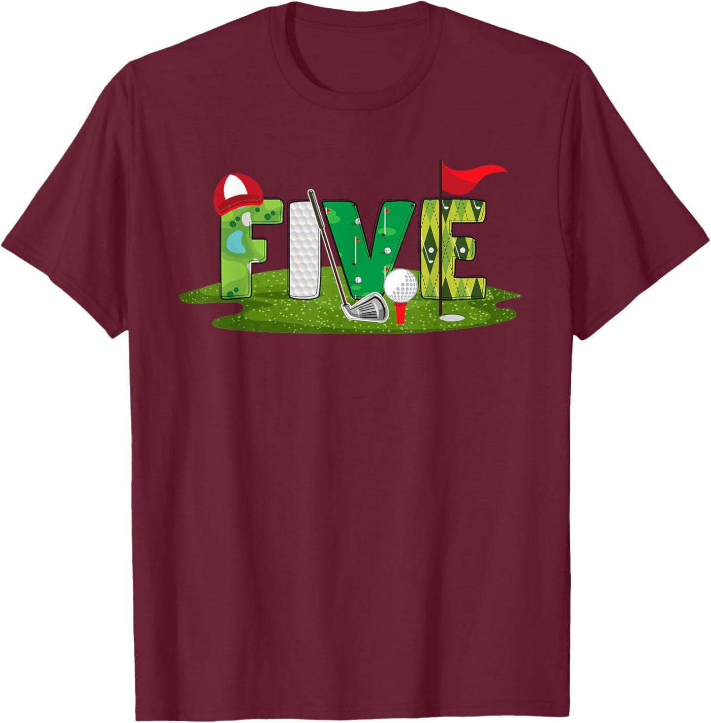 5th Birthday Golf Theme 5 Year Old Kids Sport Party T-Shirt - T-Shirt | Maroon