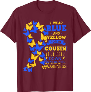 Down Syndrome Chromosome 21 Butterfly Ribbon Cousin Gift T-Shirt - T-Shirt | Maroon