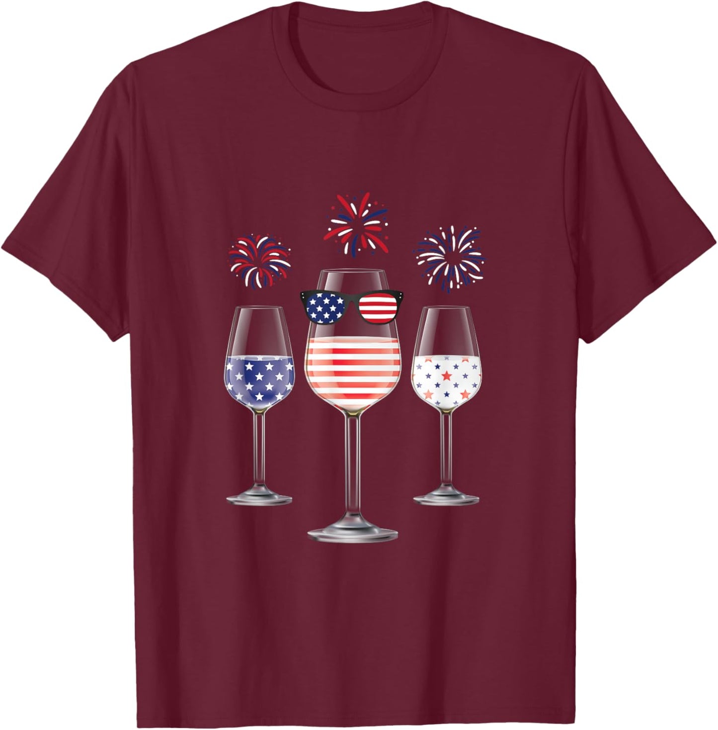 Red White Blue Wine Glasses American Flag Happy 4th of July Men T-Shirt - T-Shirt | Maroon