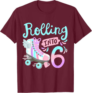 Rolling Into 6 Roller Skates Skater Girl 6th Birthday Party T-Shirt - T-Shirt | Maroon