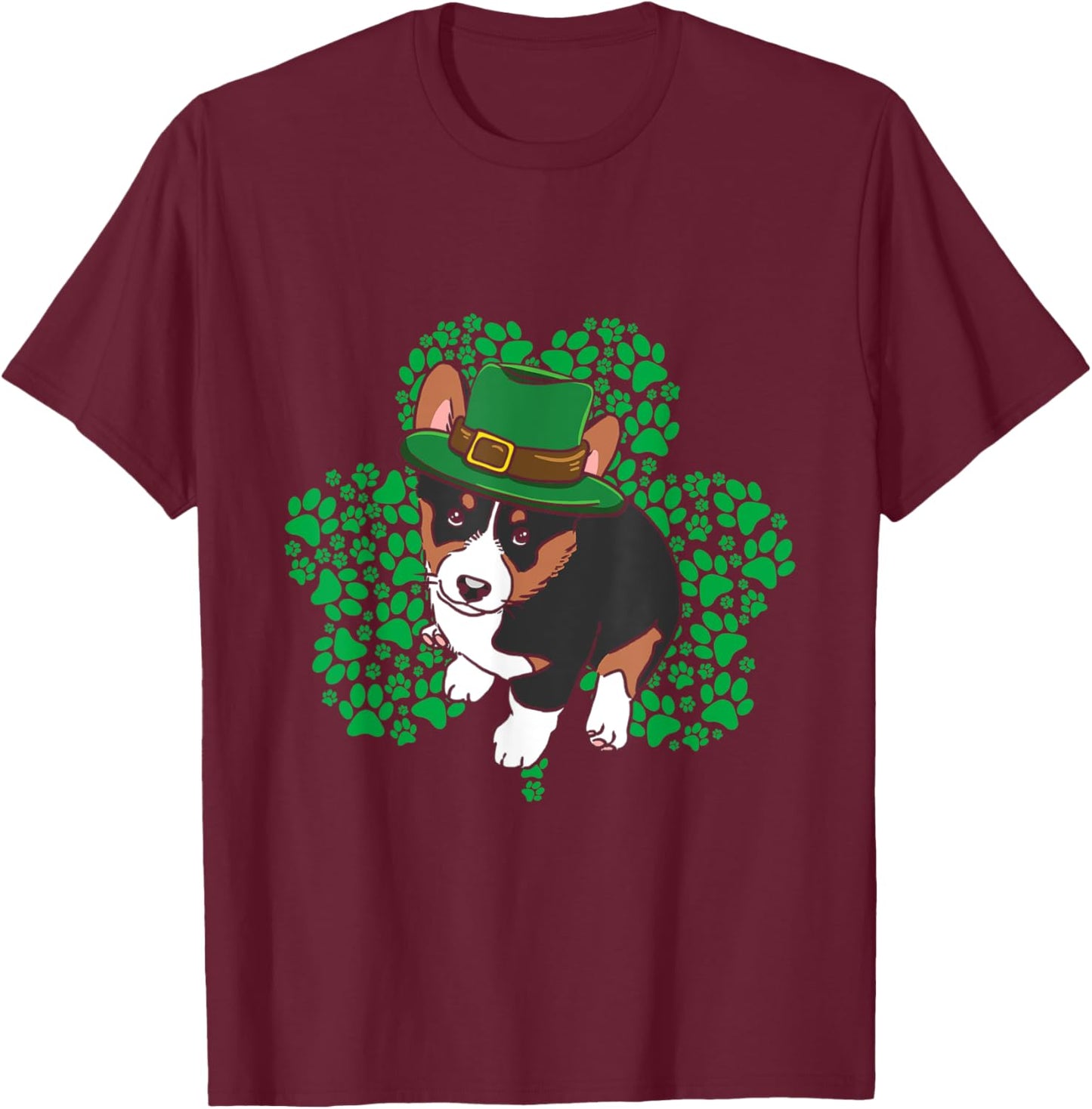 Lucky Tricolor Corgi Dog Leprechaun Hat St Patricks Day T-Shirt - T-Shirt | Maroon