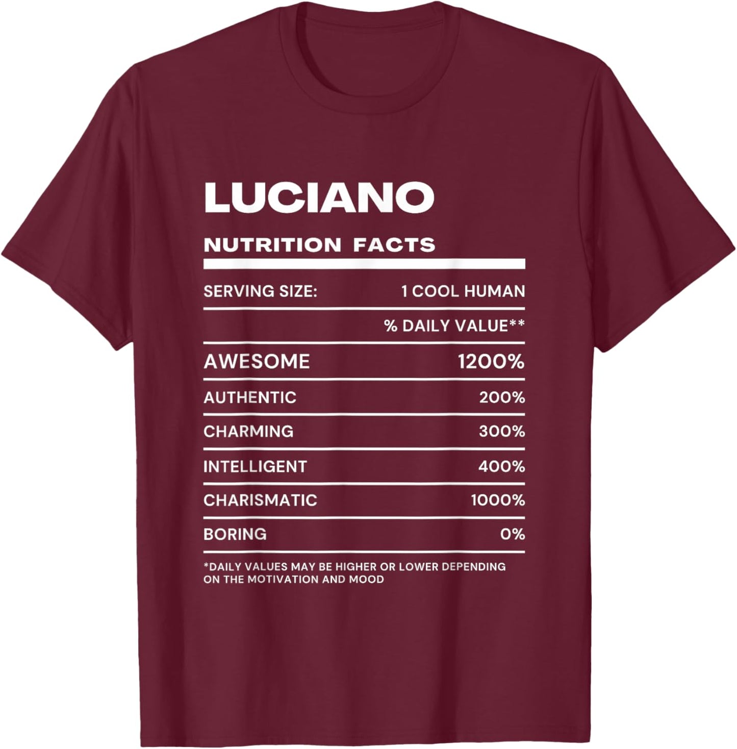 Luciano Nutrition Facts Name T-Shirt - T-Shirt | Maroon