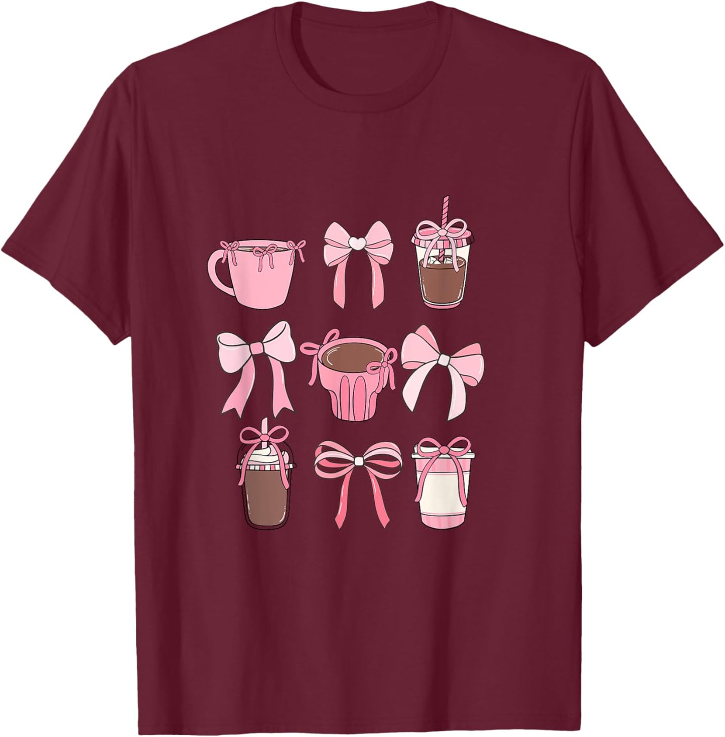 Cute Hot Iced Coffee and PInk Bows Girly Aesthetic T-Shirt - T-Shirt | Maroon