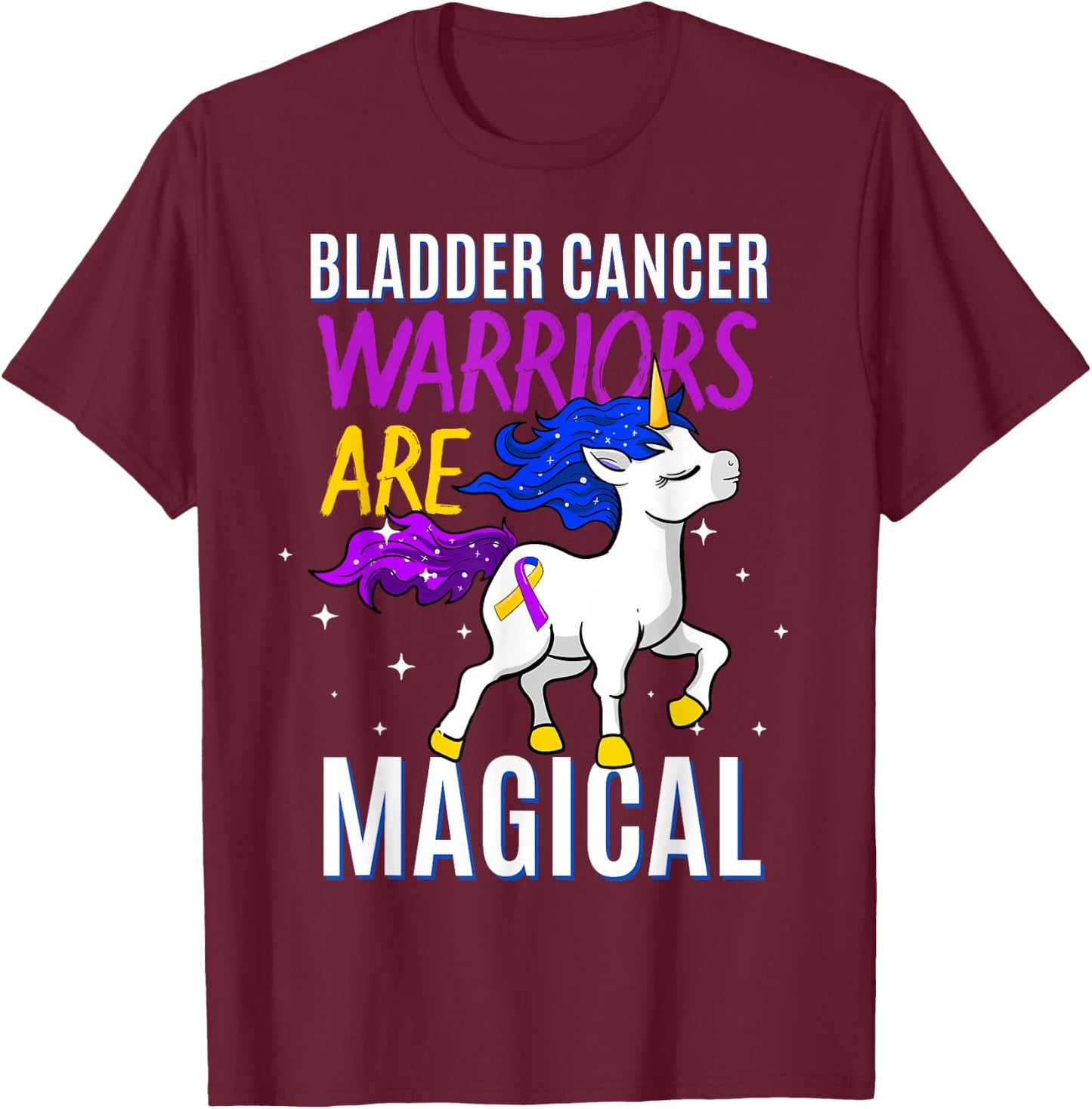 Bladder Cancer Magical Unicorn Purple Blue Yellow Ribbon T-Shirt - T-Shirt | Maroon
