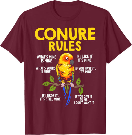 Conure Rules Sun Conure Bird Lover Parrot Design Black & Sun Conure Owners, Small, Short Sleeve, Mandarin Collar, Tropical, Cotton 65% Polyester 35% T-Shirt - T-Shirt | Maroon
