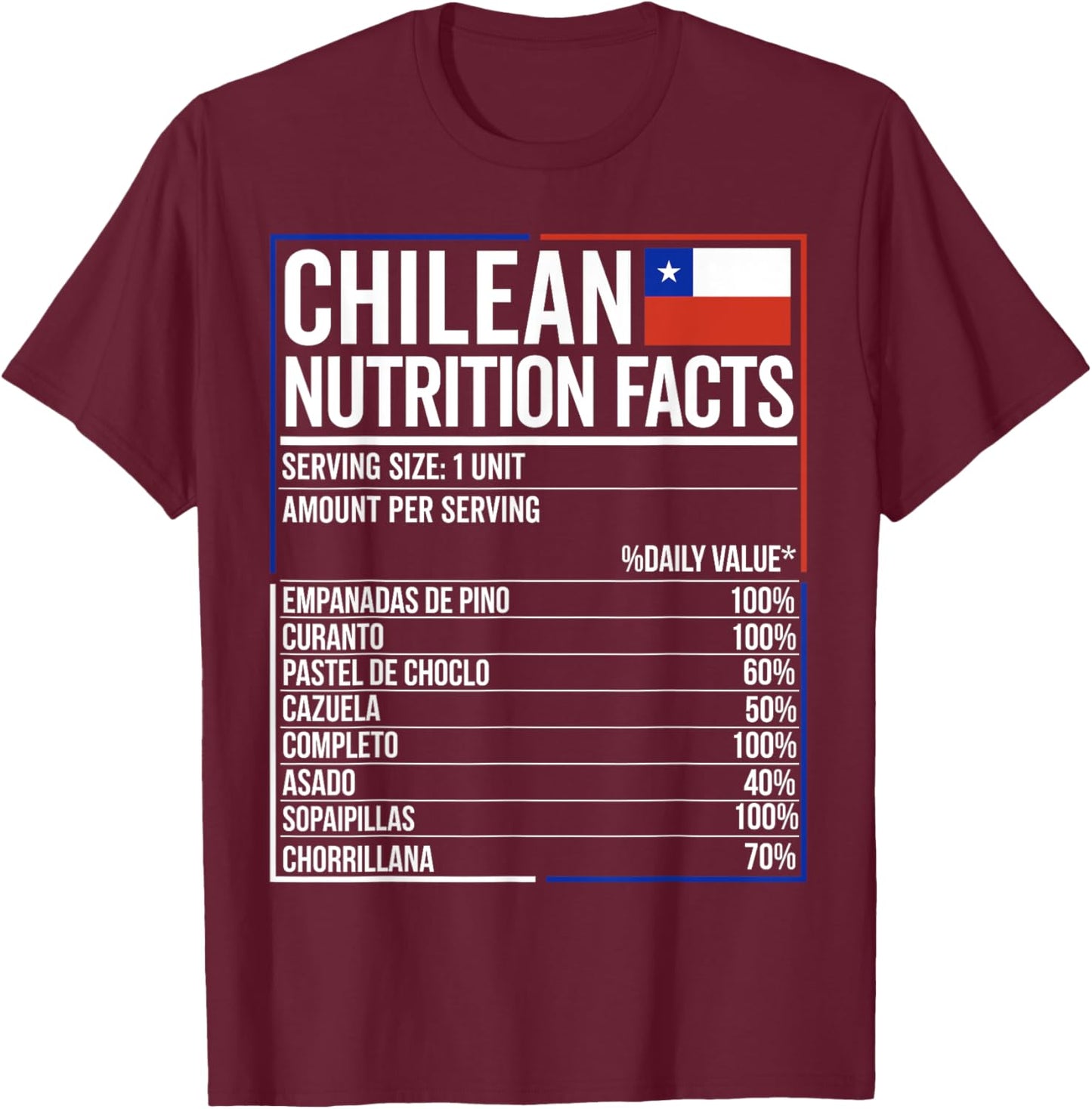 Chile Nutrition Facts Flag Food Camiseta Chilean Chileno T-Shirt - T-Shirt | Maroon
