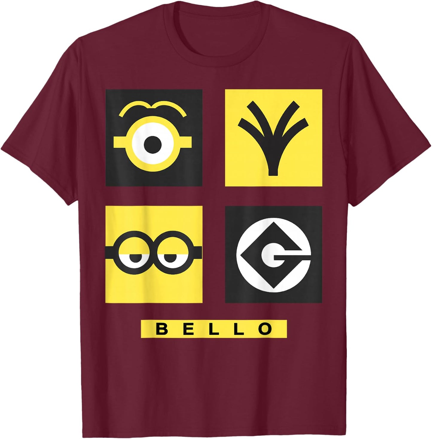 Despicable Me Minions Bello Symbol Box Grid T-Shirt - T-Shirt | Maroon