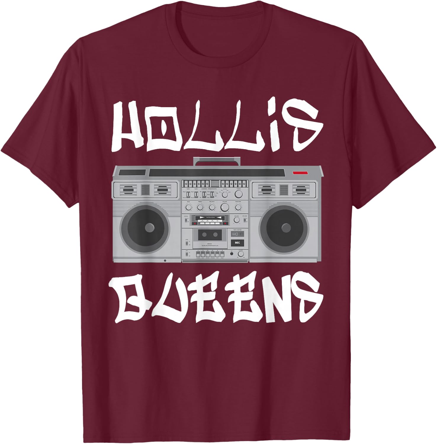 Hollis Queens Boom Box Graffiti Lettering T-Shirt - T-Shirt | Maroon