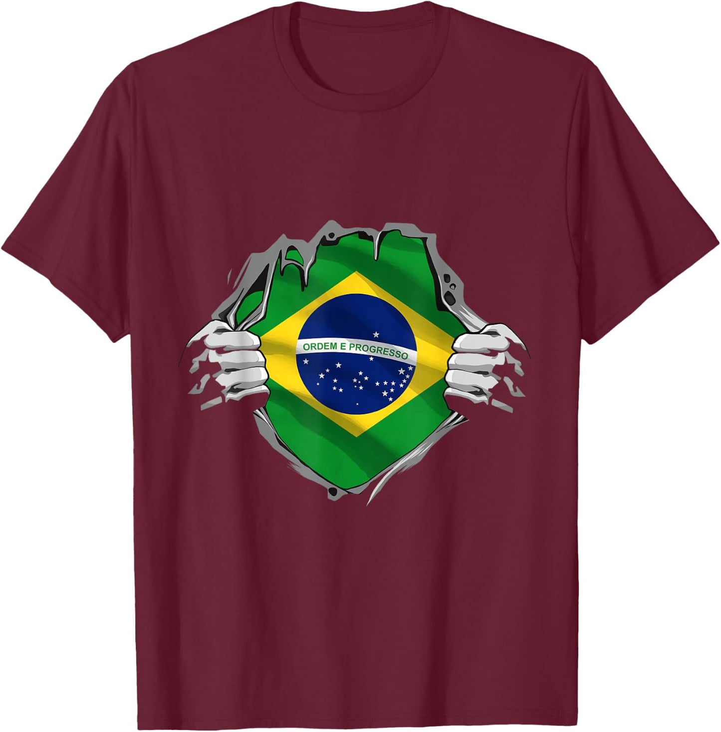 Superhero Brazil Flag Brazilian Hands Opening Shirt Chest T-Shirt - T-Shirt | Maroon