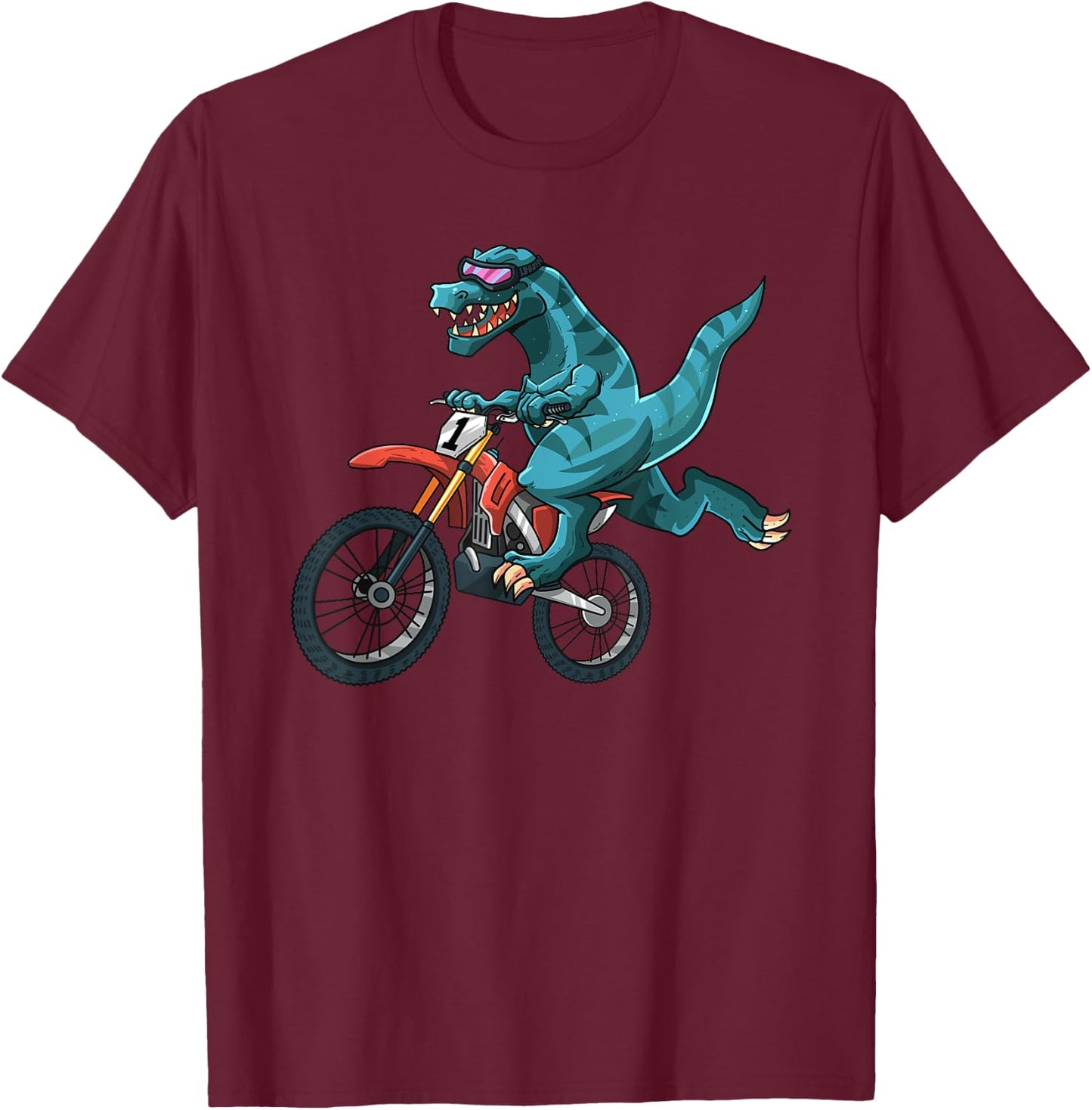 Funny Dino On Dirt Bike T-Rex Lover Rider Motorcycle Riding T-Shirt - T-Shirt | Maroon