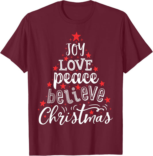 Joy Love Peace Believe Christmas Boys Kids Girls Xmas Tree T-Shirt - T-Shirt | Maroon
