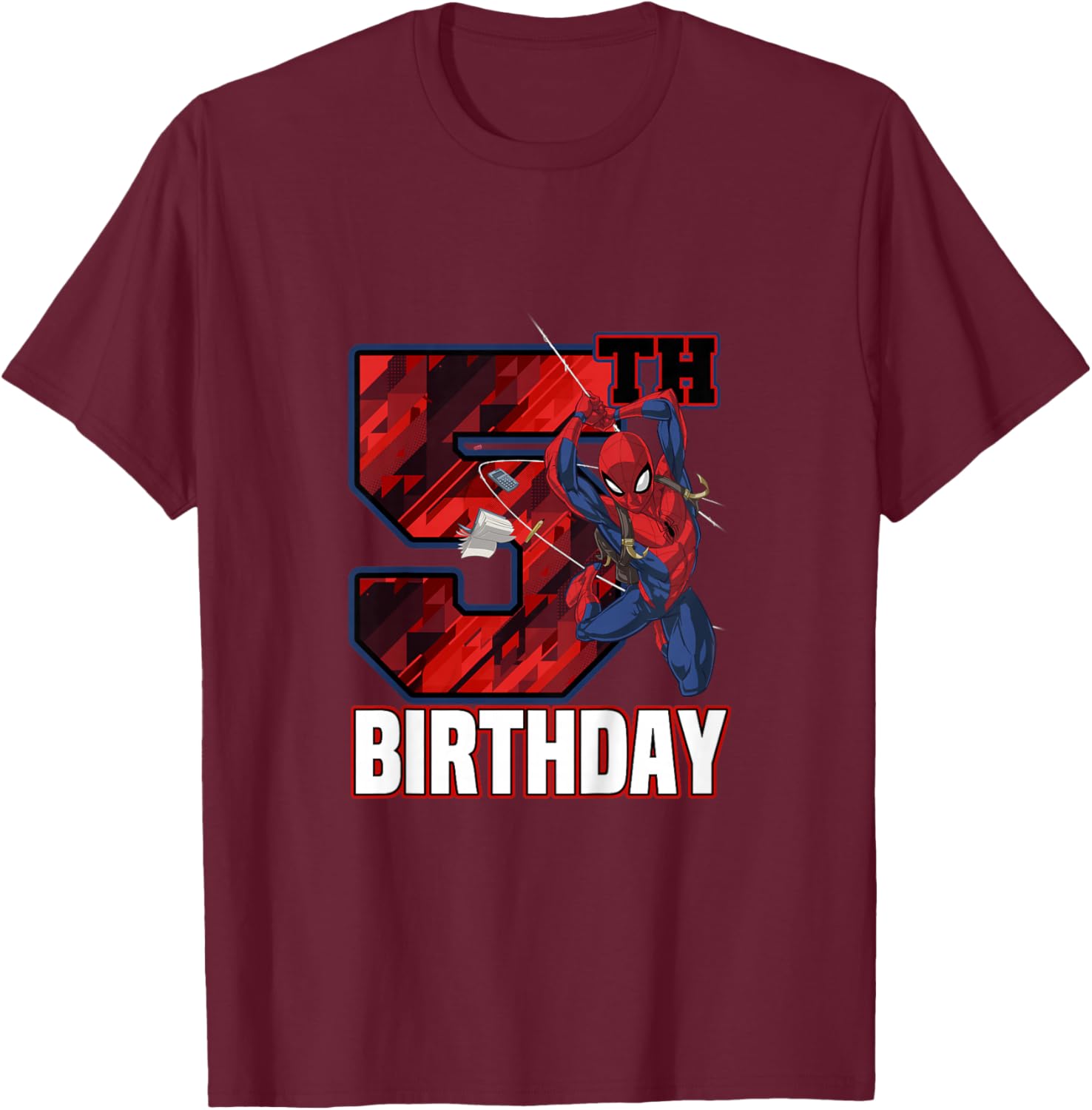 Kids Marvel Spider-Man Classic Epic Swinging 5th Birthday T-Shirt - T-Shirt | Maroon