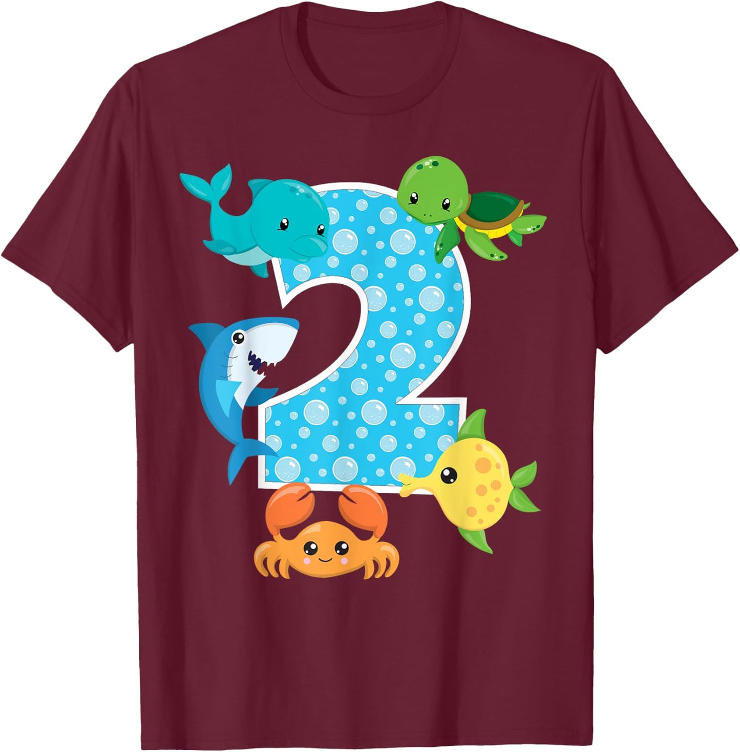 2nd Birthday Party 2 Year Old Sea Fish Aquarium Birthday Boy T-Shirt - T-Shirt | Maroon
