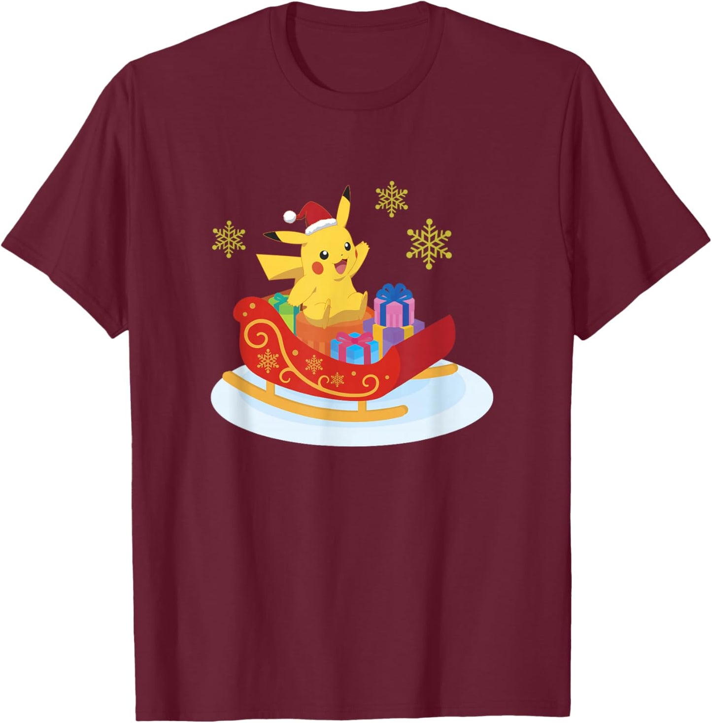 Pokémon Christmas Pikachu Sleigh Ride Snowflake Portrait T-Shirt - T-Shirt | Maroon