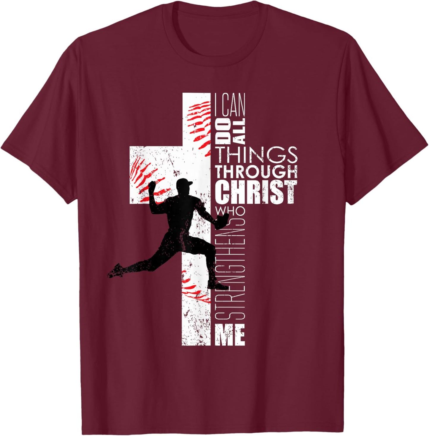 Christian Philippians 4:13 Kids Boys Cross Baseball Pitcher T-Shirt - T-Shirt | Maroon